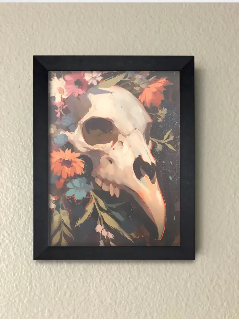 Framed Painted Bird Skull in Flowers Wall Art Print – Floral Gothic Decor